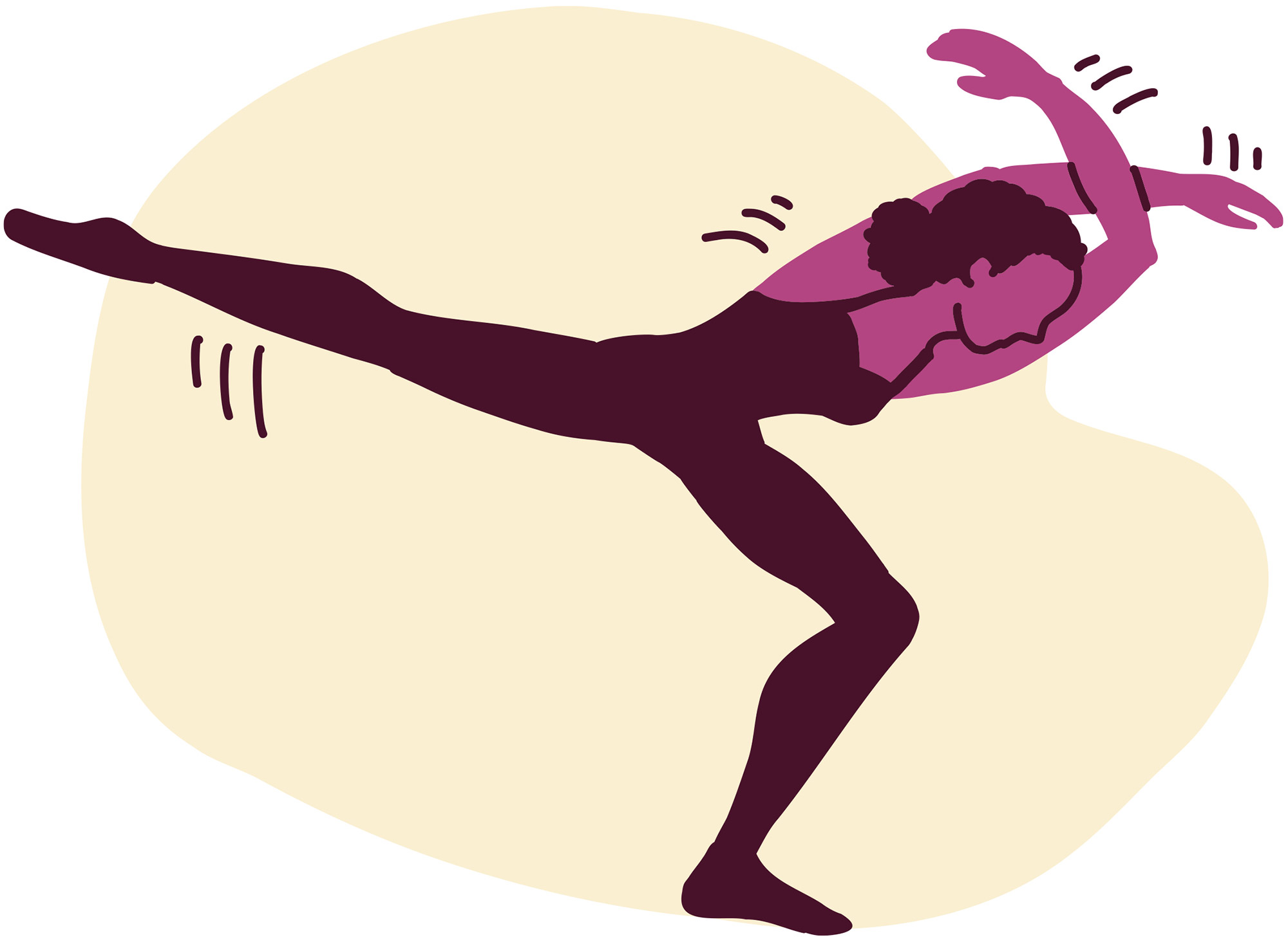 Illustration of a girl dancer stretching, in pink and purple GuiDANCE brand style.