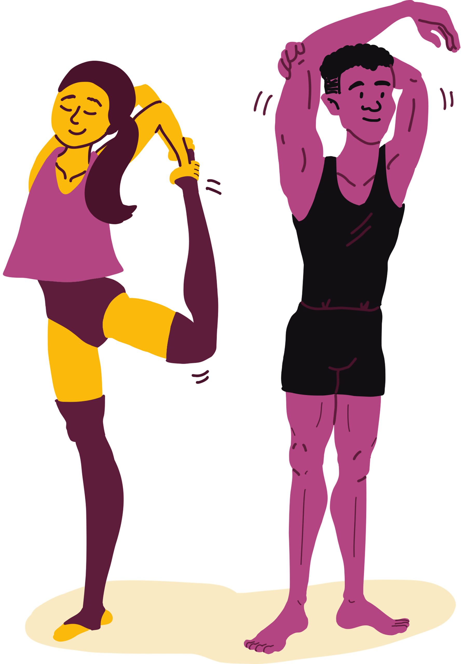 Illustration of a girl and boy dancer stretching, in yellow, pink and purple GuiDANCE brand style.